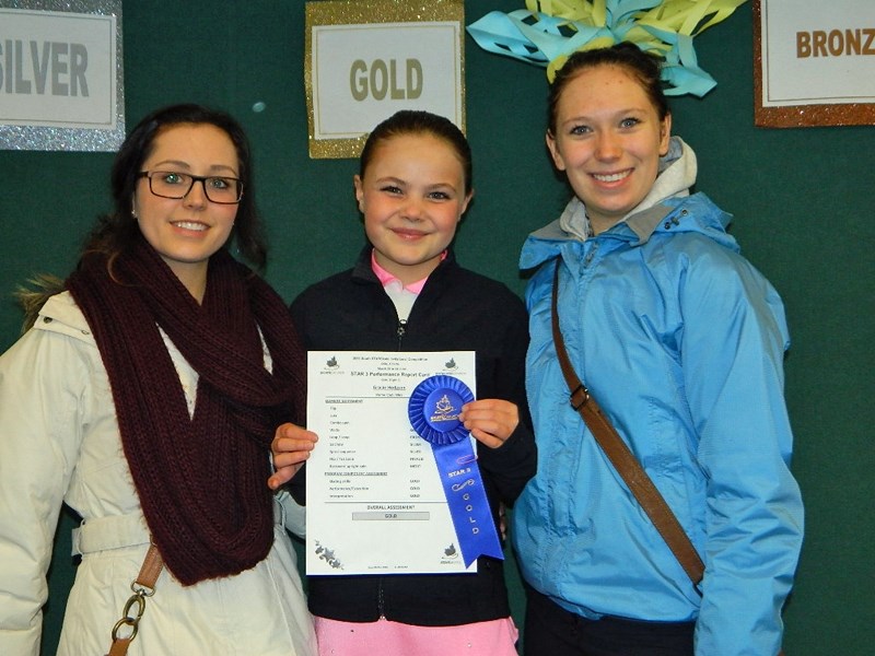 Gracie Hodgson, centre, of the Olds Figure Skating Club won gold in her solo class at the 2014 South STARSkate Invitational Competition held at the Olds Sports Complex from