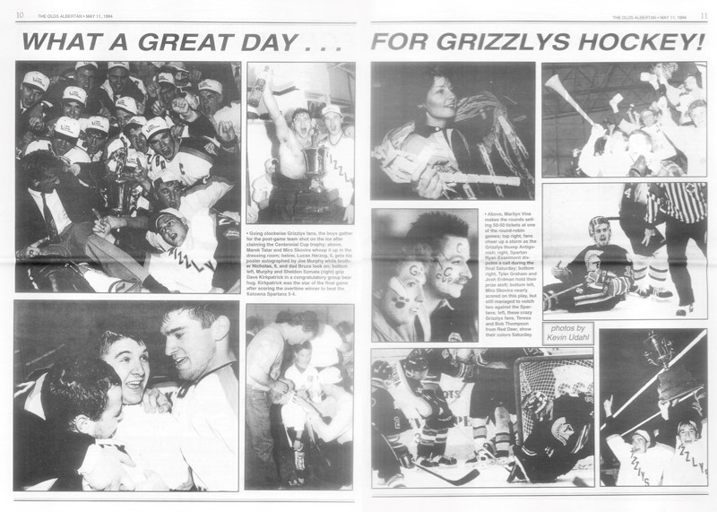 This photo spread, from the May 11, 1994, issue of the Olds Albertan, chronicles the Olds Grizzlys&#8217; victory in the 1994 Centennial Cup tournament. The 1994 Grizzlys