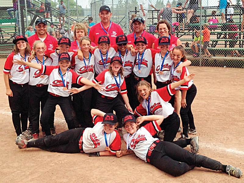 The Olds Stealers U-12 softball team won bronze at provincials held in Calgary from July 4 to 6. Pictured are: From left to right: (Front Row) Ashley Logan and Anja Kelly;