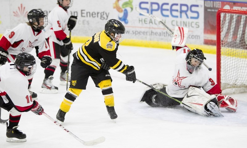 Olds Grizzlys peewee AA player Ty Bjarnason scores on Airdrie Lightning Red goaltender Sean Kriwokon during a game at the Olds Sportsplex on Jan. 3. The Grizzlys won the game 