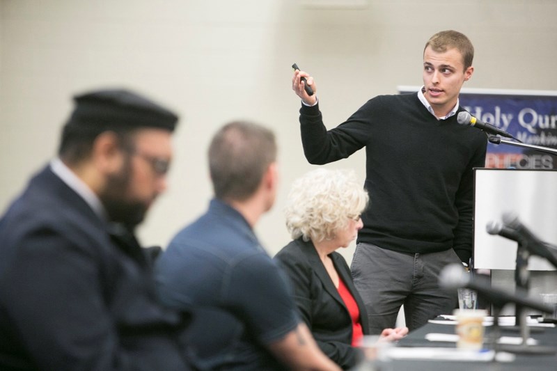 Brayden Whitlock, representing atheism, gives a presentation during the World Religions Conference at Olds College on Nov. 25.