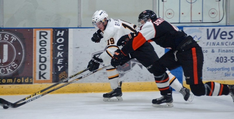 Grizzlys forward Ryley Smith crosses the blueline at the Sportsplex on Dec. 19. Olds was defeated 5-2 by the Drumheller Dragons.