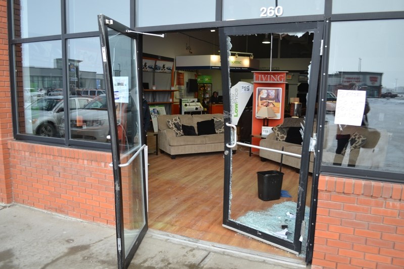 The doors of Easyhome were left as they were found (except for the cleanup of glass) while RCMP investigated the incident.