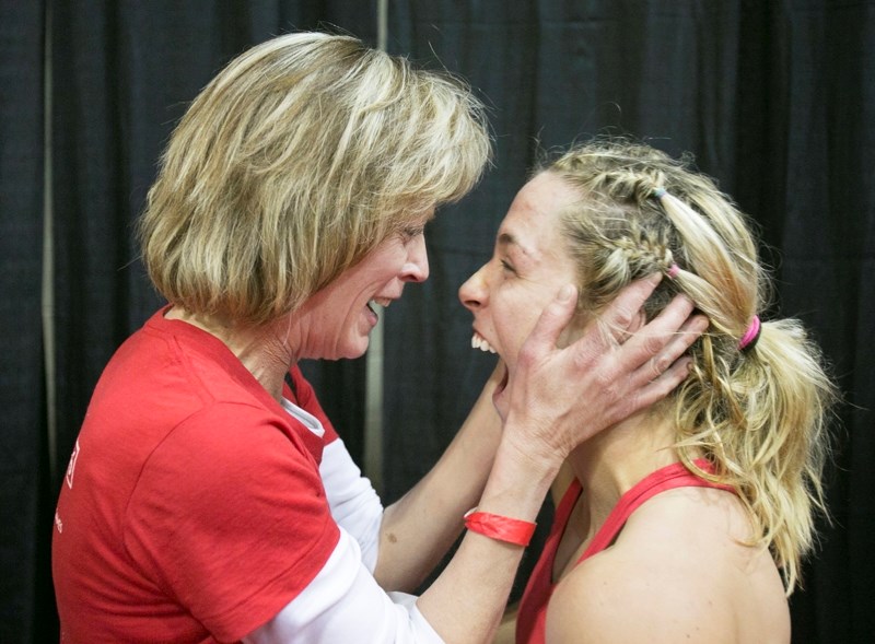 Danielle Lappage shares a moment with her mother Val Lappage after qualifying for the Rio Olympics.