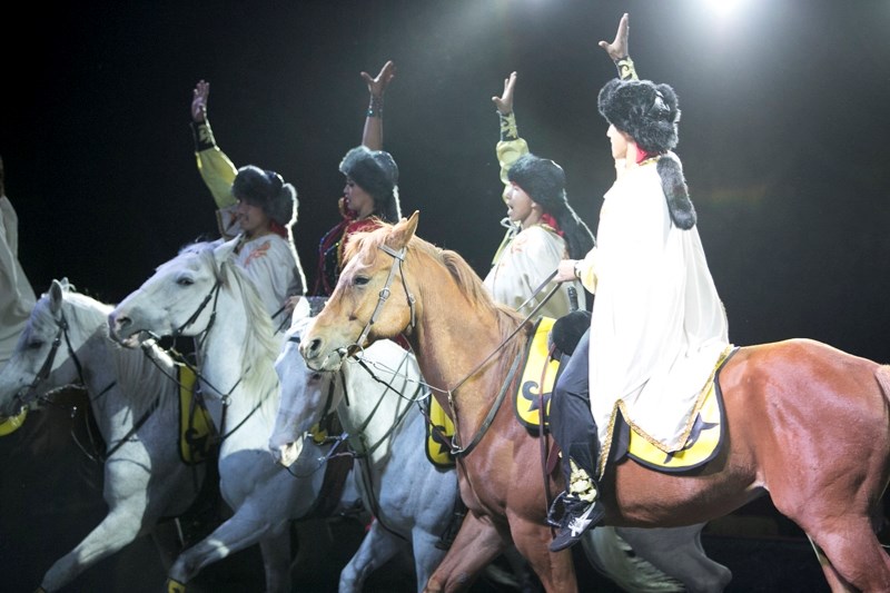 The Kambarov Cossack Riders of Kyrgyzstan perform a trick riding act during the Royal Canadian Circus, which gave several performances in Olds this past weekend.