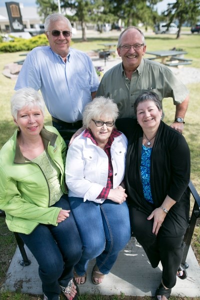 Top row from left, Howard Schafer and Don Matchullis and bottom row from left, Lynne Rach, Andrea Hawiuk and Meryl Matchullis, members of a group that are putting on a