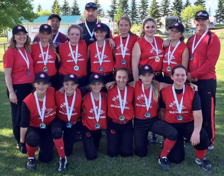 The Olds Pistols U-14 softball team after finishing second in Girls Prairie League Softball play earlier this month. They are headed to Softball Alberta&#8217;s Girls B