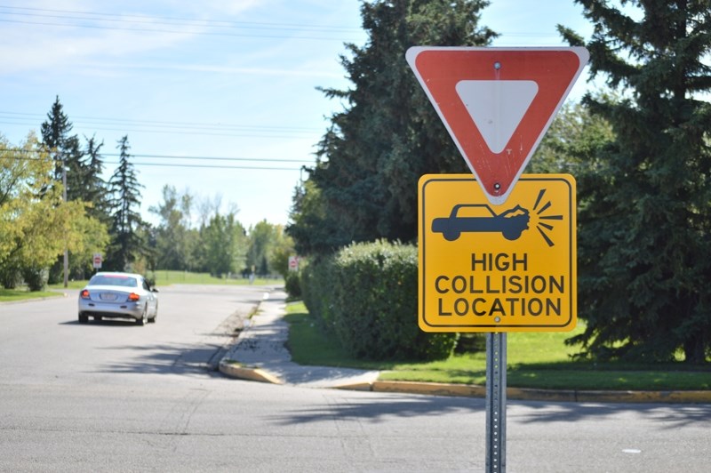 Signs like this one at 51 Street and 53 Avenue were erected at high-risk intersections in Olds recently. The town hopes drivers will use extra caution there.