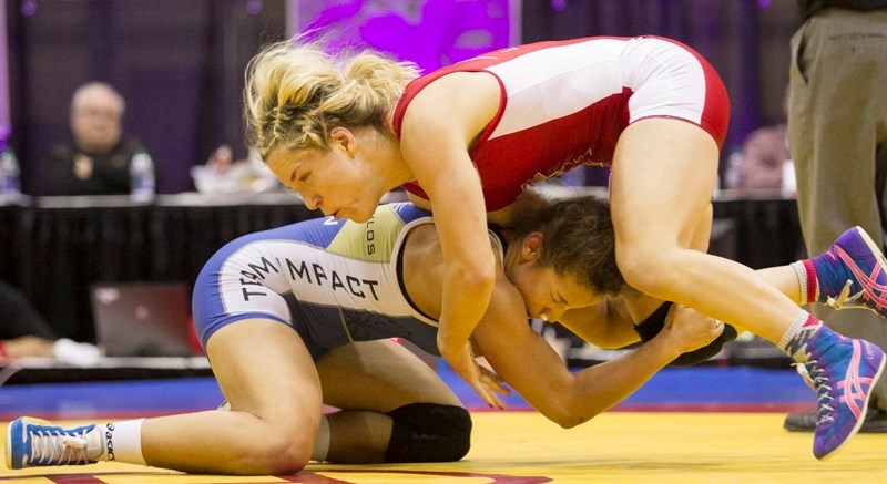 Danielle Lappage wrestles her opponent during a qualifying tournament for the Rio Olympics.