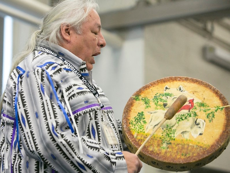 Elder John Sinclair performs a traditional song at the start of the Chinook&#8217;s Edge School Division&#8217;s Indigenous Youth Conference, held Oct. 5 at the Olds College