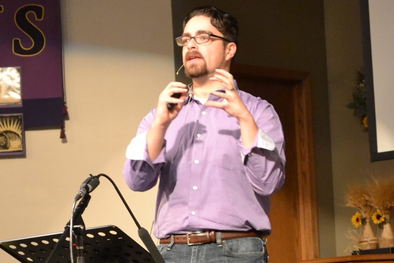 Jon Lutz of Faith Beyond Belief discusses homosexuality and its relationship to Christianity during a presentation Oct. 15 at Olds First Baptist Church.