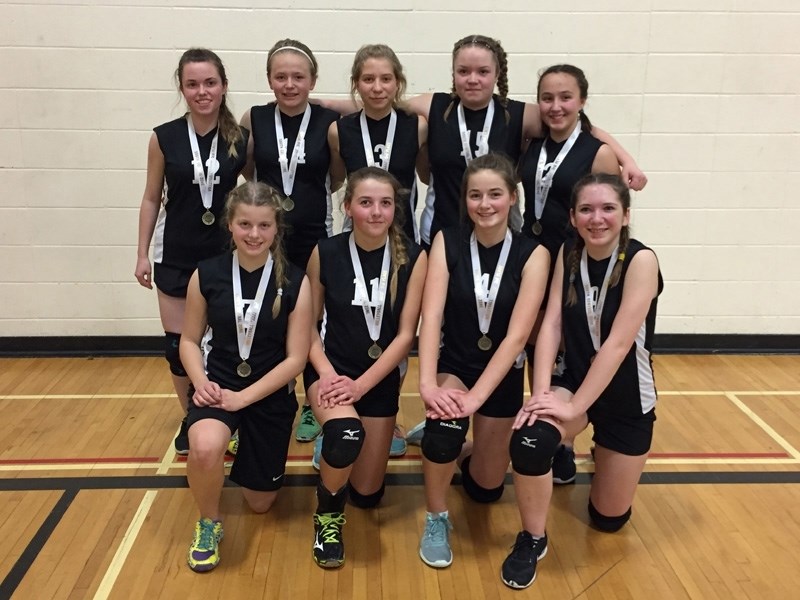 Members of the Junior A Spartans girls volleyball team. From left to right back row: Keara Nelson, Madi Tyson, Danielle Trombley, Ashley Logan and Lisa Davidson. Front row: