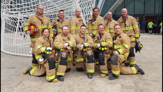 Olds firefighters who participated in the Firefighter Stair Climb Challenge at The Bow building in Calgary May 7 pose for a photo. Back row, left to right: Rene