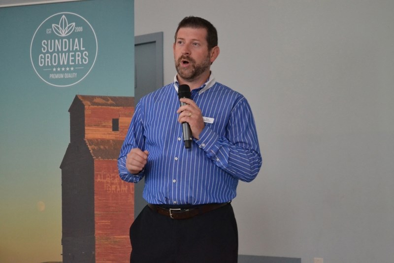 Sundial Growers quality assurance person Roy McIntyre discusses the company&#8217;s plans for Olds during a luncheon at the Cadet Hall June 14, sponsored by the Olds &#038;