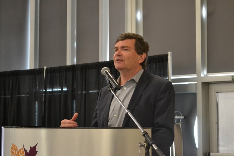 Agriculture and Forestry Minister Oneil Carlier speaks at the Alumni Centre July 14 at the close of the Agricultural Service Board&#8217;s four-day tour of Mountain View and
