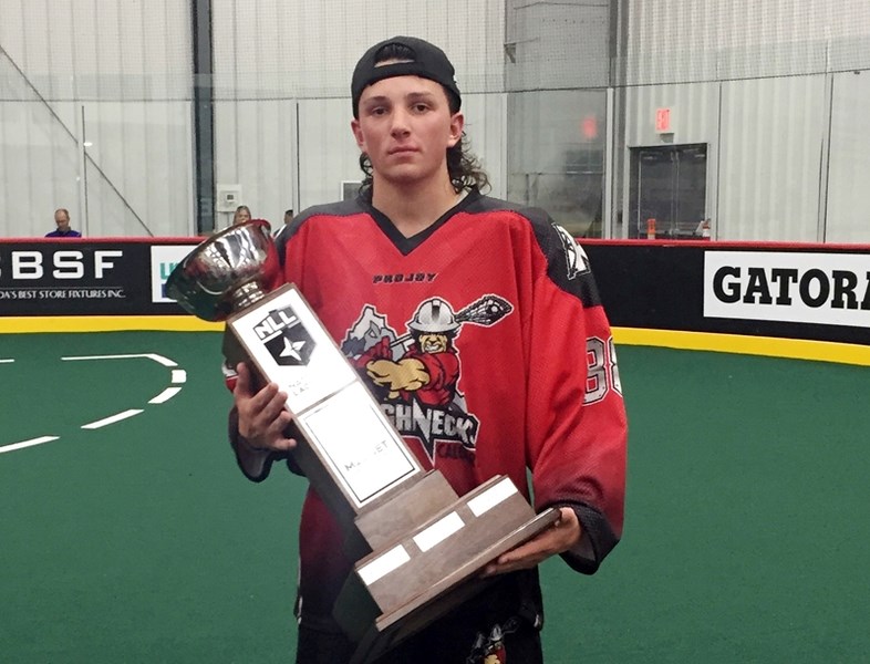 Olds High School student Marshall Bloomfield helped the Jr. Calgary Roughnecks to the tournament trophy in their first-ever trip to the Jr. National Lacrosse League