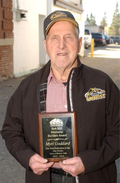 The Olds Grizzlys presented Myrl Goddard with the Bob Hill Memorial Builders Award during the team&#8217;s annual awards banquet last month for his long-standing support of
