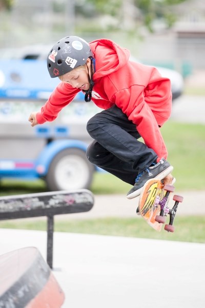 Zane Lindberg of Wetaskiwin competes in the best trick, young guns section of the Hay City Slam at the Olds Skatepark on July 27.