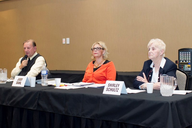 Mayoral candidates (from left) Art Baker, incumbent mayor Judy Dahl and Shirley Schultz took part in a candidates forum at the Pomeroy Inn and Suites on Oct. 7 before a