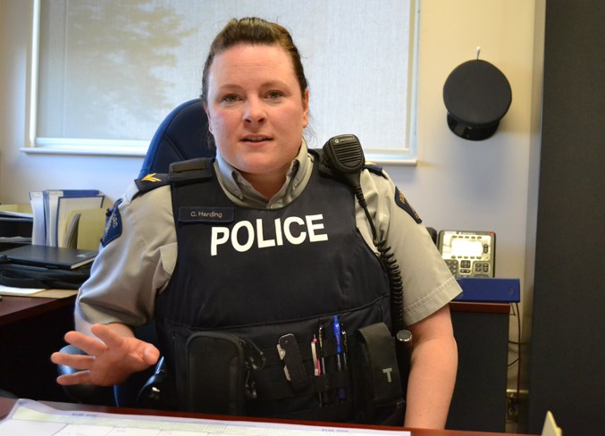 Cpl. Courtney Harding makes a point during an interview with the Olds Albertan.