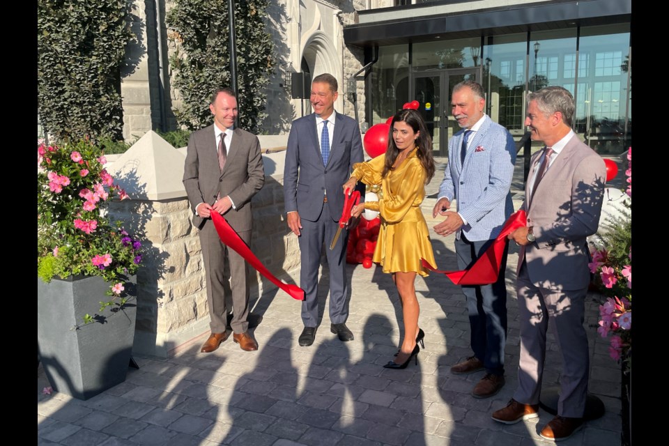 Mark Etherington, chair of both St. Andrew’s College and St. Anne’s school, Newmarket Mayor John Taylor, Sabrina D’Angelo, headmaster of St. Anne’s School, Aurora Mayor Tom Mrakas, and Kevin McHenry, headmaster of St. Andrew’s College celebrate  the opening of York Region’s first all girls school.