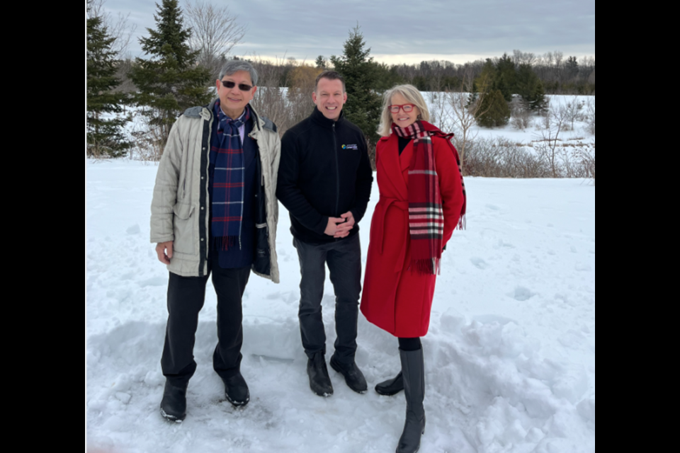 Richmond Hill Deputy Mayor and Regional Councillor Godwin Chan, Toronto and Region Conservation Authority CEO John MacKenzie and Aurora-Oak Ridges-Richmond Hill MP Leah Taylor Roy at the funding announcement for an Oak Ridges Moraine trail project.