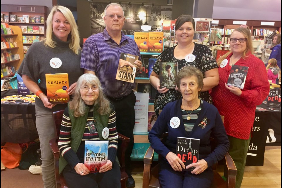 Area crime writers (from left) K.J. Howe, John Worsley Simpson, Tracy L. Ward, Nanci M. Pattenden, (front) Sharon A. Crawford and Lorna Poplak came to Chapters in Newmarket for a Crime Writers of Canada event. Debora Kelly/NewmarketToday