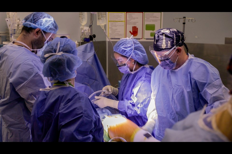 A surgical procedure being performed in one of 14 usable operating rooms at Southlake Regional Health Centre in Newmarket.
