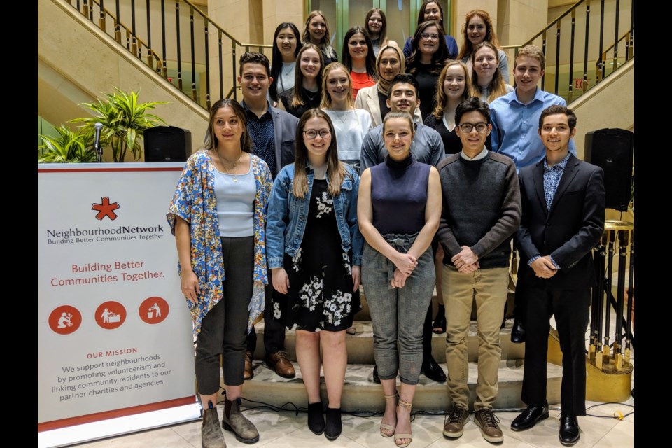 Neighbourhood Network's 2019 Give Back award-winners are shown here at a ceremony in their honour April 11 at the Magna Atrium in Aurora. They are, in no particular order: Ryan Chen; Madison Coker; Adamo Crescenzi; Jeremy Doucette; Rachel Gallagher; Su Gulerman; Faith Gunn; Kara Hunt; Nicole In; Mariana Koruni; Olivia McElrea; Darcy O'Reilly; Stephanie Payne; Hannah Phillips; Rafael Sakarya; Maryam Samimi; Jessica Somerville; Rebecca Streef; Samantha Surtees and; Jack Viney. Kim Champion/NewmarketToday