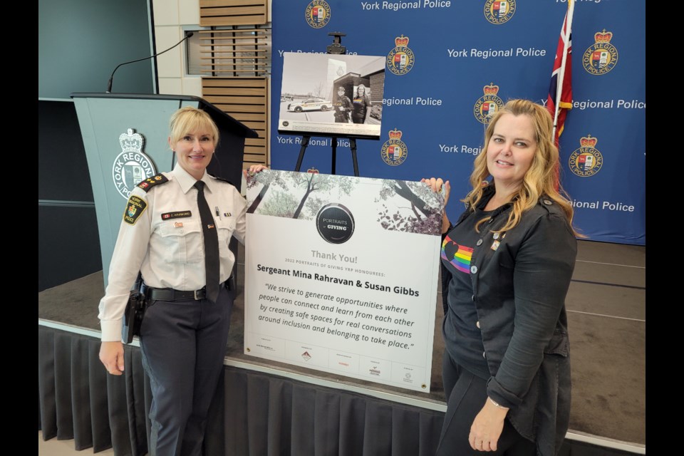 York Regional Police Deputy Chief Cecile Hammond and Susan Gibbs at the Portraits of Giving recognition event Oct. 27. 