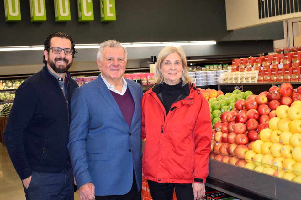 Vince's Market co-owners Giancarlo Trimarchi and Carlo Trimarchi, and East Gwillimbury Mayor Virginia Hackson on opening day Nov. 30. 
