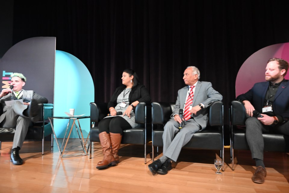 Local entrepeneurs discuss their success stories at Newmarket's first-ever Arc Summit Nov. 29, including (from left) Sean Stephens, Jessica Rawley, Anil Abrol and Dave Lotimer. 