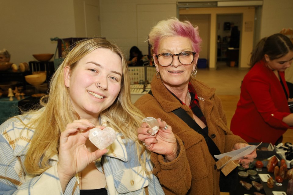 Jamie Moore and Christine Martin just purchased some crystals from Snow Heart Crystals at Moms Market York Region Valentine's Day Market at Newmarket Community Centre & Lions Hall Sunday.