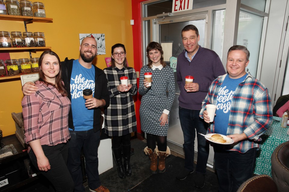 Cardinal Press Espresso Bar owners Ashley Torgis (from left) and Omar Saer, with Rose of Sharon's Jill Jambor and Caitlin Gladney-Hatcher, Newmarket Mayor John Taylor, and Meeting House lead pastor Simon Downey at the Meeting House Fog launch event Sunday.  Greg King for NewmarketToday