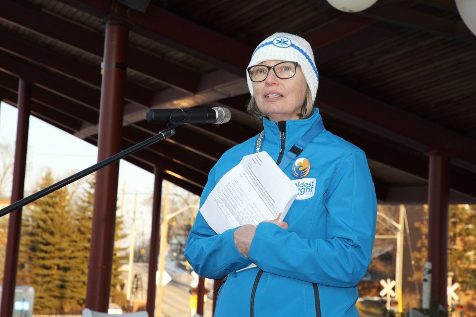 Inn From the Cold executive cirector Ann Watson speaks to participants at the Coldest Night of the Year event in 2020.  File photo/Greg King for NewmarketToday