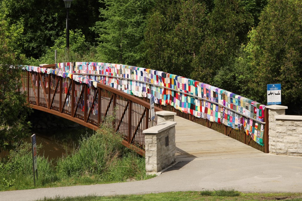 YARNS contributed handmade squares to DeafBlind Ontario Services' yarn bombing of Fairy Lake Bridge. 
File photo/Greg King for NewmarketToday