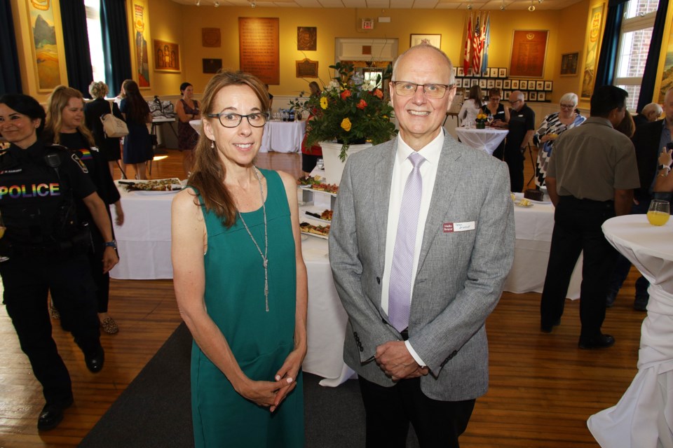 Portraits of Giving founder Karen Merk and Newmarket 2022 honouree Peter Sturrup, head at Pickering College, at the school today, June 21.  Greg King for NewmarketToday