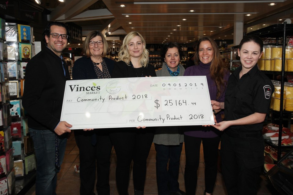 Vince's Market donated $25,156 to four charities at a presentation yesterday at the Newmarket location, with Giancarlo Trimarchi, Vince's Market CFO; Juliet Irish, executive director, Doane House Hospice; Maria Ciarlandini, community support ambassador, Vince's Market; Robin Hawkes, president, Tottenham Food Bank; Emmy Kelly, business director, Blue Door Shelters and Jessica Pett, animal control officer, Uxbridge/Scugog Animal Control Centre. Greg King for NewmarketToday