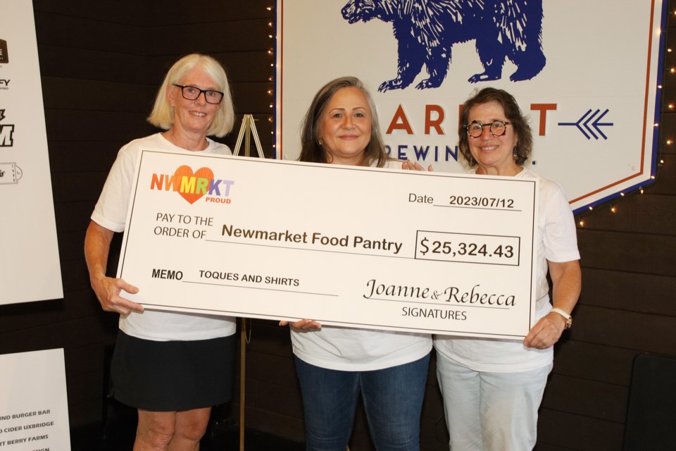 Rebecca Gardiner (left) and Joanne Sweers present the big cheque to Newmarket Food Pantry's Vesna Mitchell last night at Market Brewing.  Greg King for NewmarketToday