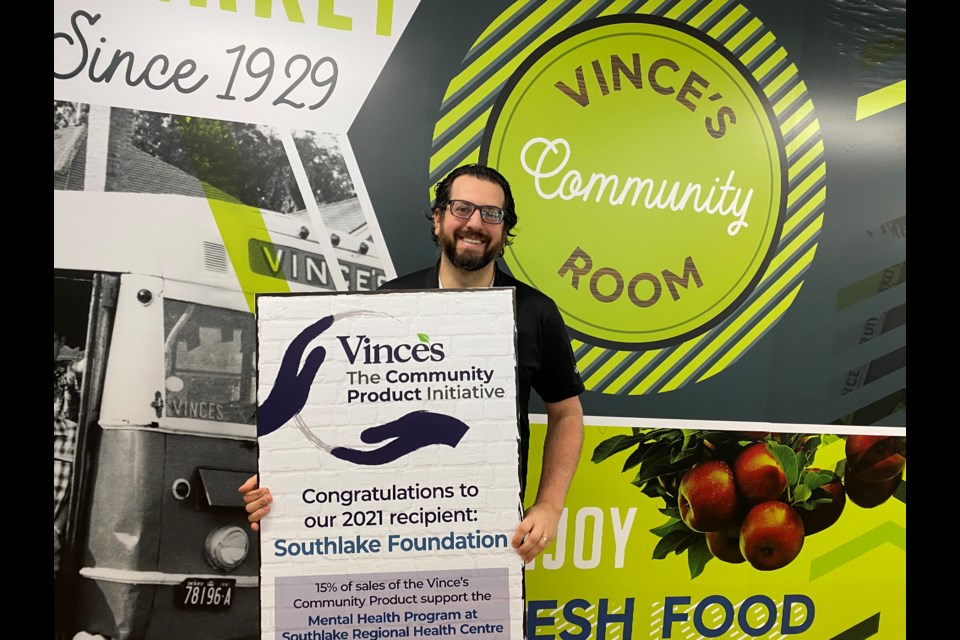 Vince's Market partner Giancarlo Trimarchi announces Southlake Foundation as the recipient of the independent grocer's community product initiative.