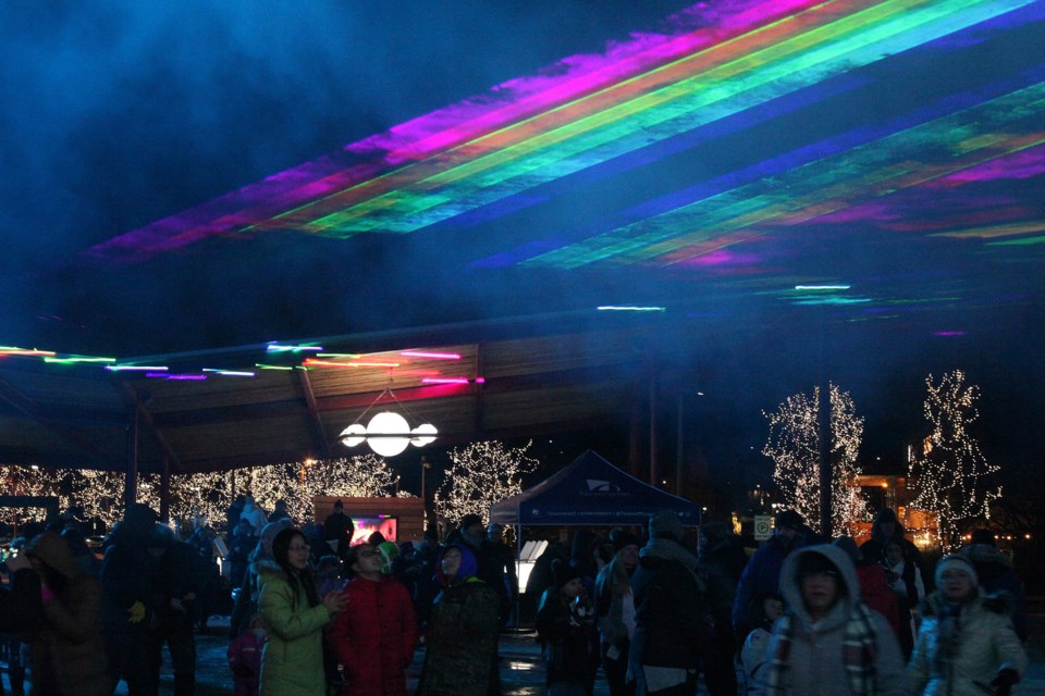Lasers light up the skies over Riverwalk Commons as Newmarket came out to celebrate the new year with Mayor John Taylor Jan. 11.  Greg King for NewmarketToday