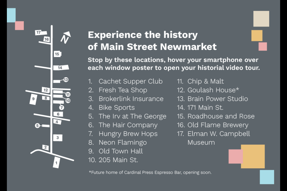 A list of the Newmarket Main Street building spotlighted in a new virtual experience. 