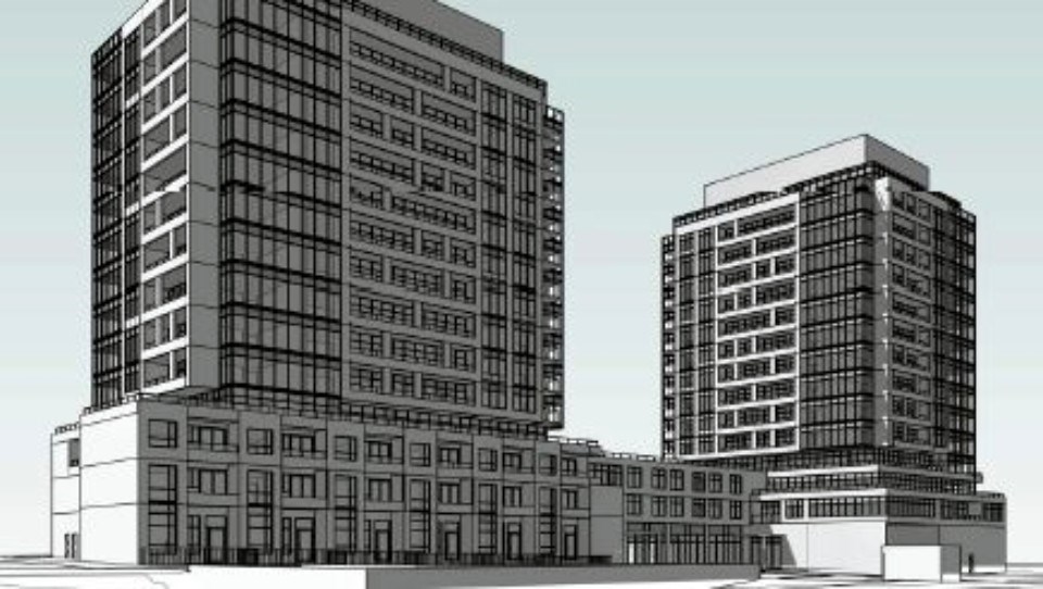 Developer Briarwood is proposing to build two 15-storey condo towers that include a three-storey podium at the base of the buildings at Davis Drive and Patterson Street. Supplied photo
