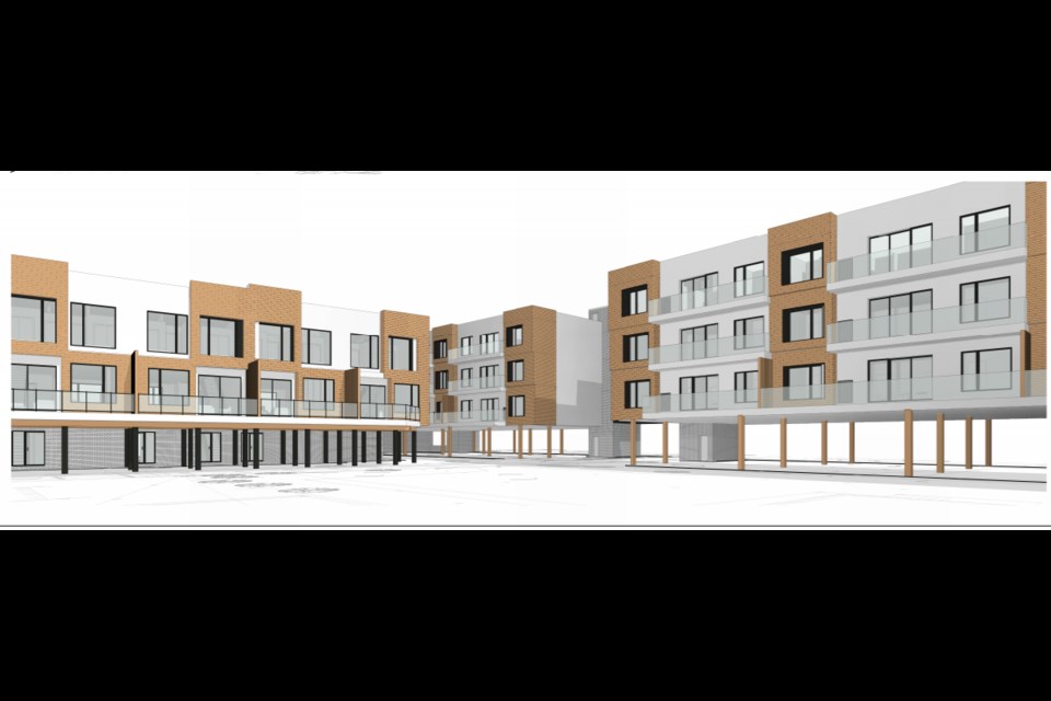 The proposed housing project known as The Laneway would feature a mix of 42 purpose-built rental apartments in two low-rise buildings, and a nine-unit stacked townhouse unit for ownership. Artist's rendering