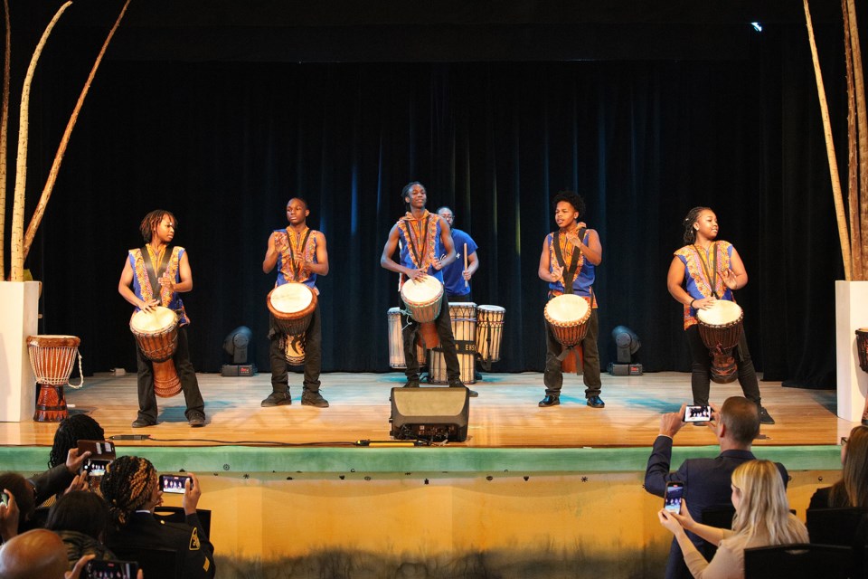 The Black History Month community reception Saturday at the Old Town Hall opened with a drumming performance by the Ngoma Ensemble.