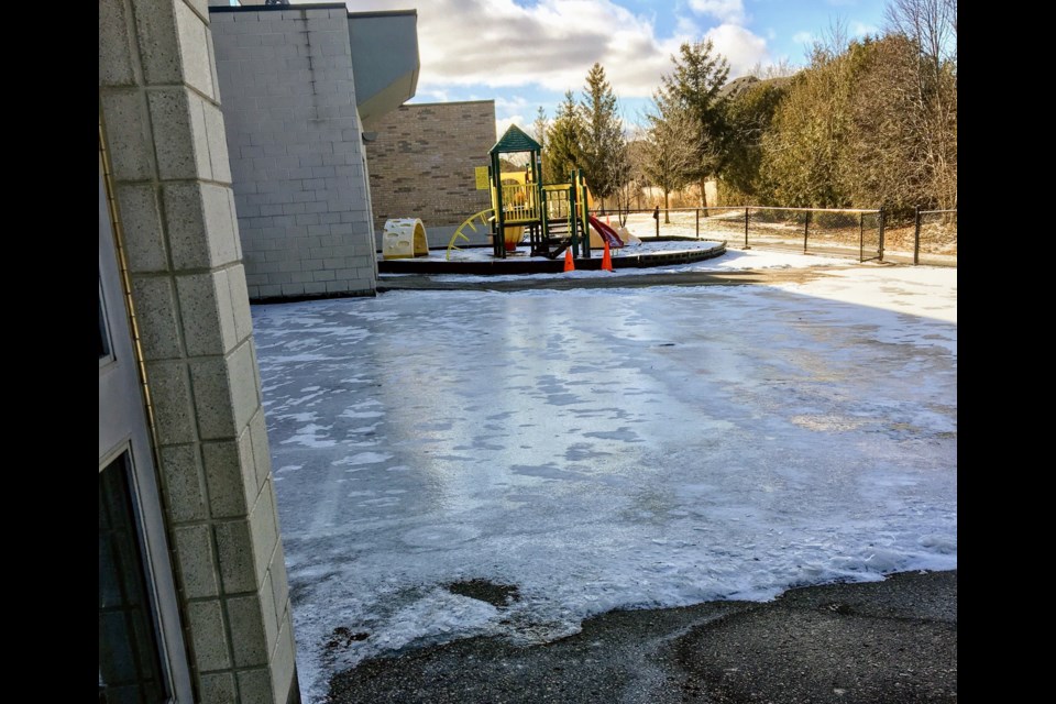 Kindergarten students at Notre Dame Catholic Elementary School in Newmarket have lost their play area due to ice build-up this winter. Supplied photo/Rachel Bausch