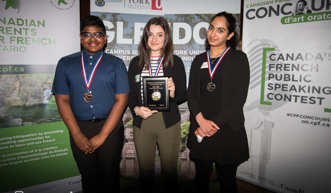 Galiya Vendrov, a Grade 10 student at Newmarket High School, placed first in the extended concours traditional category for grades 9-10. Supplied photo/Canadian Parents for French Ontario