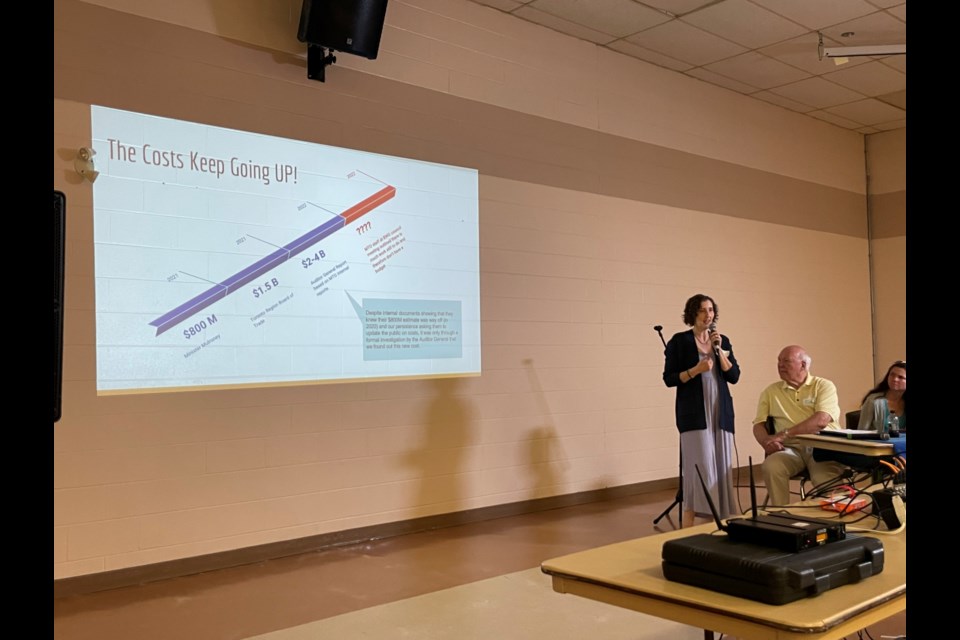 Margaret Prophet, Executive Director of Simcoe County Greenbelt Coalition, looking at the unclear cost of the Bradford Bypass during the town hall in East Gwillimbury June 20.