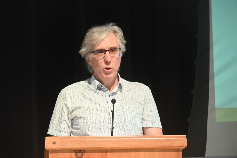 Alliance for a Liveable Ontario coordinator Franz Hartmann speaks about the history of the Greenbelt during the May 11 town hall event hosted by Climate Action Newmarket-Aurora and KAIROS at the Old Town Hall in Newmarket. 