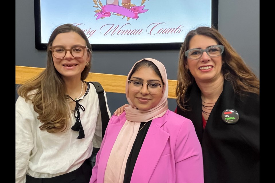 Anastasia Dieieva (from left), Malika Khimji and Lily Pourzand shared powerful stories about their journeys to Canada and creating a sisterhood of support for women in Ukraine and Iran and Canada's Indigenous.